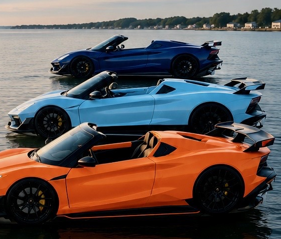 Three Water Car Club vehicles in navy, sky blue and orange floating on the water at sunset