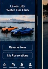 Water Car Club mobile app showing reserve now and my reservations