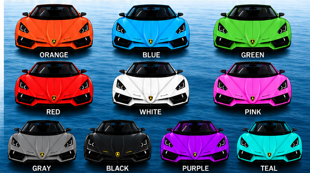 Water Car Experience vehicle shown in ten color options: orange, blue, green, red, white, pink, gray, black, purple and teal