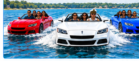 Red, white and blue Water Car Experience vehicles cruising in formation