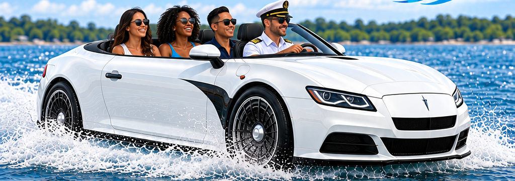 Water Car Experience vehicle with captain and guests cruising across open water