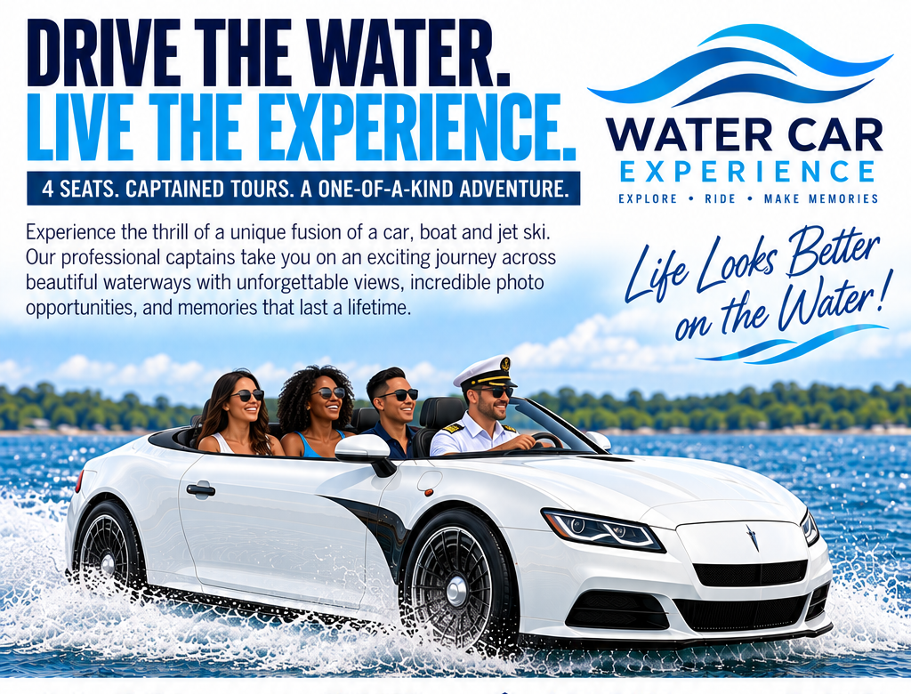Drive the water. Live the experience. Water Car Experience — 4 seats, captained tours, a one-of-a-kind adventure.